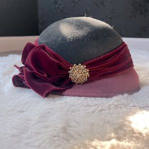 Black and Burgundy Cloche Hat with Broach